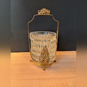 Antique Brass Filligee Basket With Six Appetizer Plates